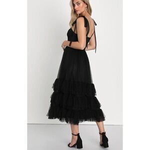 LULUS Midi Dress Captivating Aesthetic Black Mesh Swiss Dot XL Cocktail‎ Party